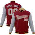 Custom Crimson & Gray & Khaki Color Block Cotton-Blend Full-Snap Varsity Jacket - front view