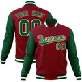 Personalized Crimson & Green & White Color Block Cotton-Blend Full-Snap Varsity Jacket - front view