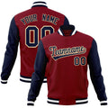 Custom Crimson & Navy & White Color Block Cotton-Blend Full-Snap Varsity Jacket - front view