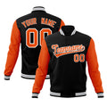 Custom Black & Orange & White Color Block Cotton-Blend Full-Snap Varsity Jacket - front view