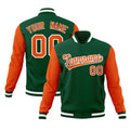 Custom Green & Orange & White Color Block Cotton-Blend Full-Snap Varsity Jacket - front view