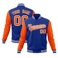 Personalized Royal Blue & Orange & White Color Block Cotton-Blend Full-Snap Varsity Jacket - front view
