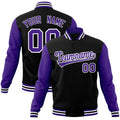 Personalized Black & Purple & White Color Block Cotton-Blend Full-Snap Varsity Jacket - front view