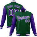 Personalized Green & Purple & White Color Block Cotton-Blend Full-Snap Varsity Jacket - front view