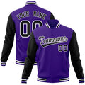 Custom Purple & Black & White Color Block Cotton-Blend Full-Snap Varsity Jacket - front view