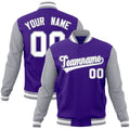 Personalized Purple & White & Gray Color Block Cotton-Blend Full-Snap Varsity Jacket - front view
