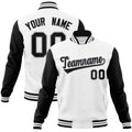 Personalized White & Black & Gray Color Block Cotton-Blend Full-Snap Varsity Jacket - front view