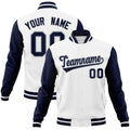 Custom White & Navy & Gray Color Block Cotton-Blend Full-Snap Varsity Jacket - front view