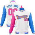 Custom White & Powder Blue & Pink Color Block Cotton-Blend Full-Snap Varsity Jacket - front view