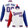 Custom White & Royal Blue & Crimson Color Block Cotton-Blend Full-Snap Varsity Jacket - front view