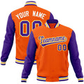 Custom Orange & Purple & Gold Color Block Cotton-Blend Full-Snap Varsity Jacket - front view
