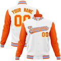 Custom White & Orange & Powder Blue Color Block Cotton-Blend Full-Snap Varsity Jacket - front view