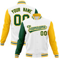 Custom White & Green & Gold Color Block Cotton-Blend Full-Snap Varsity Jacket - front view