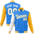 Custom Powder Blue & White & Gold Color Block Cotton-Blend Full-Snap Varsity Jacket - front view