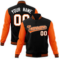 Custom Black & Orange & White Color Block Cotton-Blend Full-Snap Varsity Jacket - front view