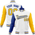 Custom White & Royal Blue & Gold Color Block Cotton-Blend Full-Snap Varsity Jacket - front view