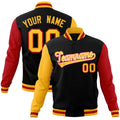Custom Black & Gold & Red Color Block Cotton-Blend Full-Snap Varsity Jacket - front view