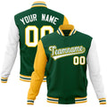 Personalized Green & White & Gold Color Block Cotton-Blend Full-Snap Varsity Jacket - front view