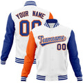 Custom White & Royal Blue & Orange Color Block Cotton-Blend Full-Snap Varsity Jacket - front view