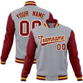 Personalized Gray & Crimson & Khaki Color Block Cotton-Blend Full-Snap Varsity Jacket - front view