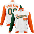 Custom White & Green & Orange Color Block Cotton-Blend Full-Snap Varsity Jacket - front view