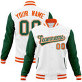 Personalized White & Green & Orange Color Block Cotton-Blend Full-Snap Varsity Jacket - front view