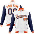 Custom White & Navy & Orange Color Block Cotton-Blend Full-Snap Varsity Jacket - front view