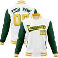 Custom White & Green & Gold Color Block Cotton-Blend Full-Snap Varsity Jacket - front view