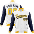 Personalized White & Navy & Gold Color Block Cotton-Blend Full-Snap Varsity Jacket - front view