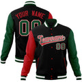 Custom Black & Red & Green Color Block Cotton-Blend Full-Snap Varsity Jacket - front view