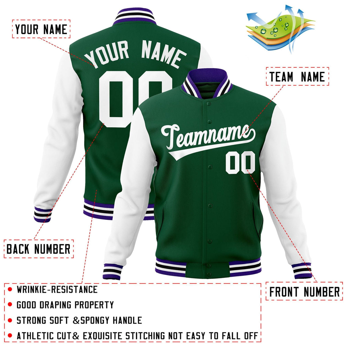 Custom Green White Letterman Jacket with Contrast Sleeves Varsity Full-Snap