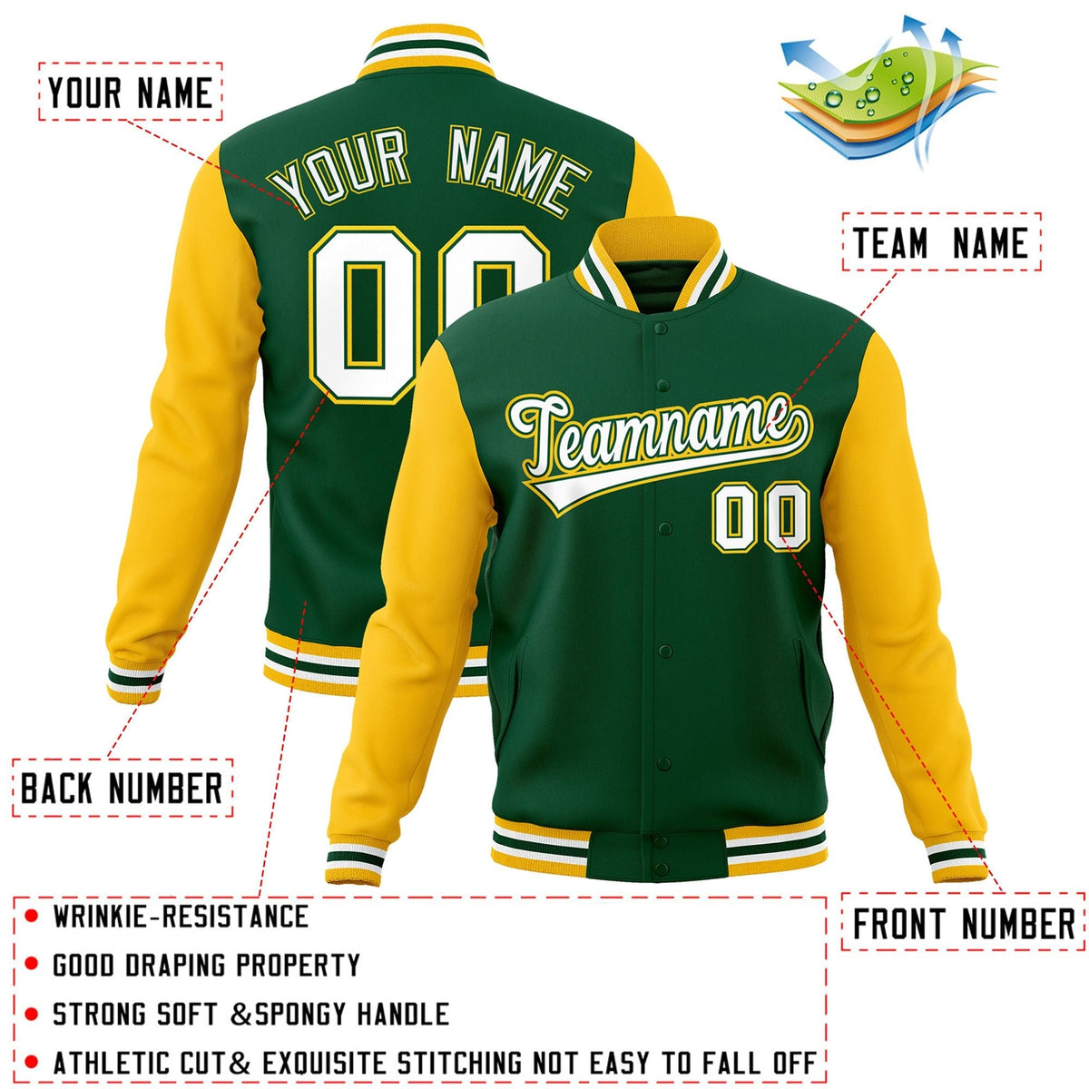 Custom Green White-Green Letterman Jacket with Contrast Sleeves Varsity Full-Snap