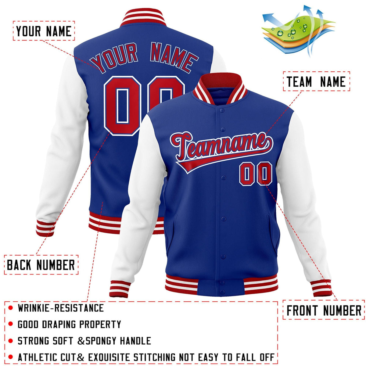 Custom Royal Red-Royal Letterman Jacket with Contrast Sleeves Varsity Full-Snap