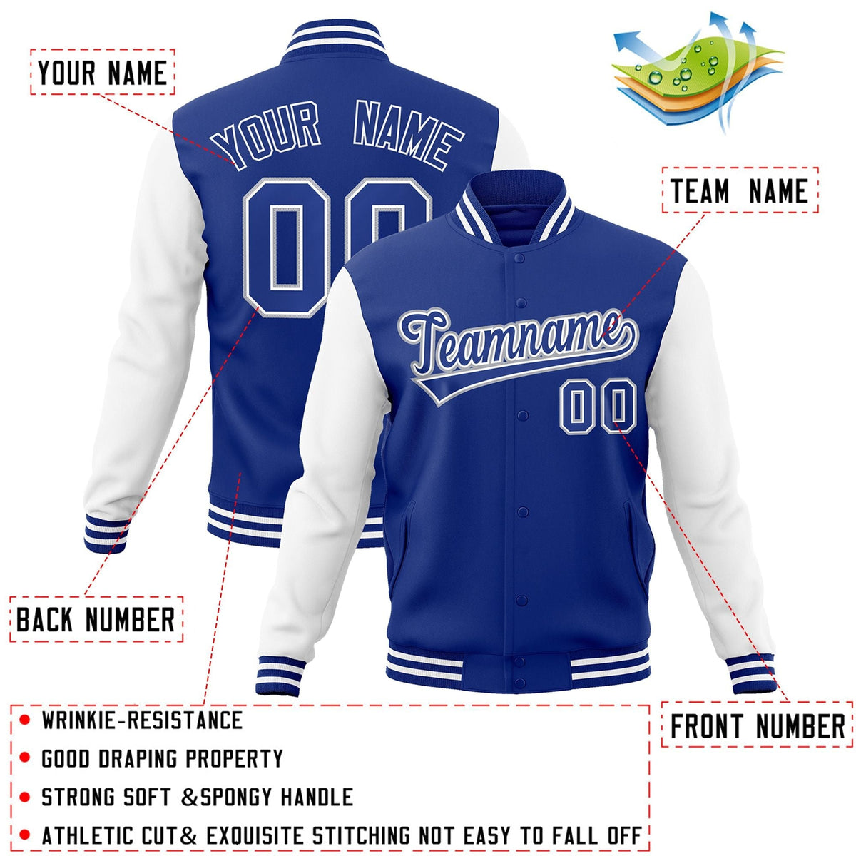 Custom Royal Royal-White Letterman Jacket with Contrast Sleeves Varsity Full-Snap