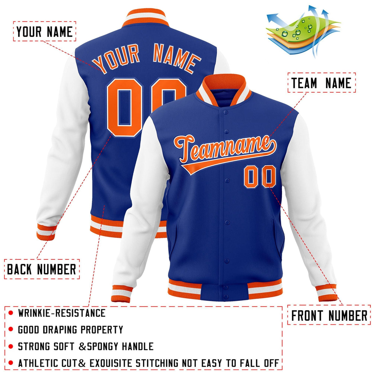 Custom Royal Orange-White Letterman Jacket with Contrast Sleeves Varsity Full-Snap