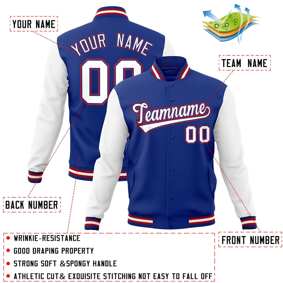Custom Royal White-Royal Letterman Jacket with Contrast Sleeves Varsity Full-Snap