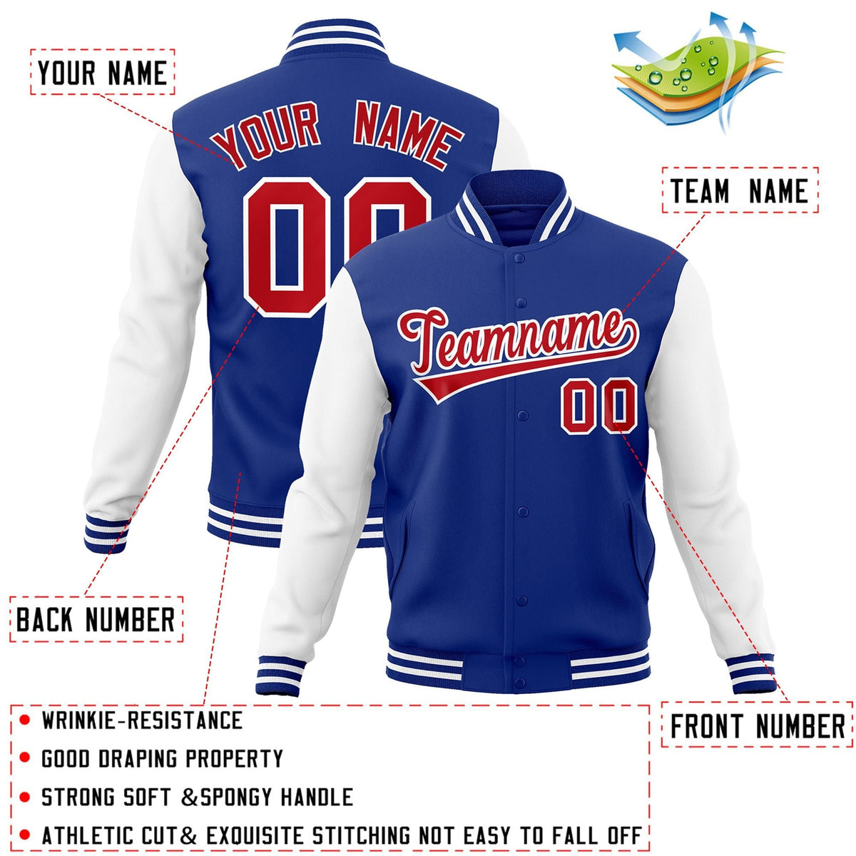 Custom Royal Red-White Letterman Jacket with Contrast Sleeves Varsity Full-Snap
