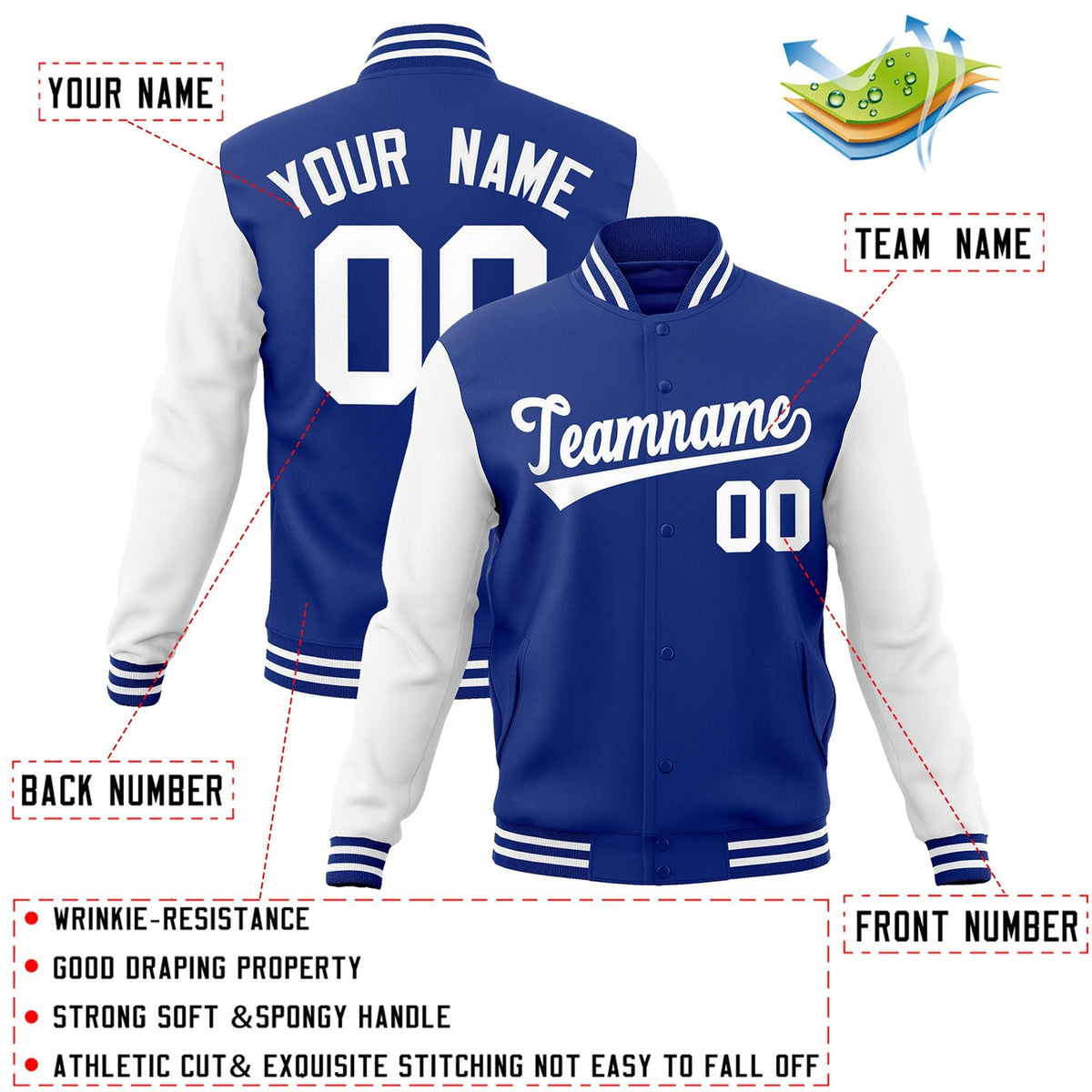 Custom Royal White Letterman Jacket with Contrast Sleeves Varsity Full-Snap