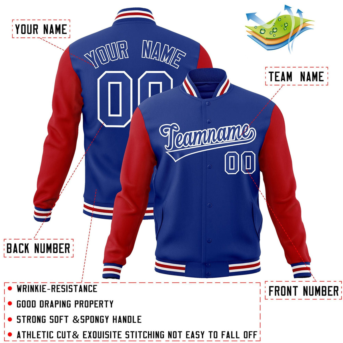 Custom Royal Royal-White Letterman Jacket with Contrast Sleeves Varsity Full-Snap