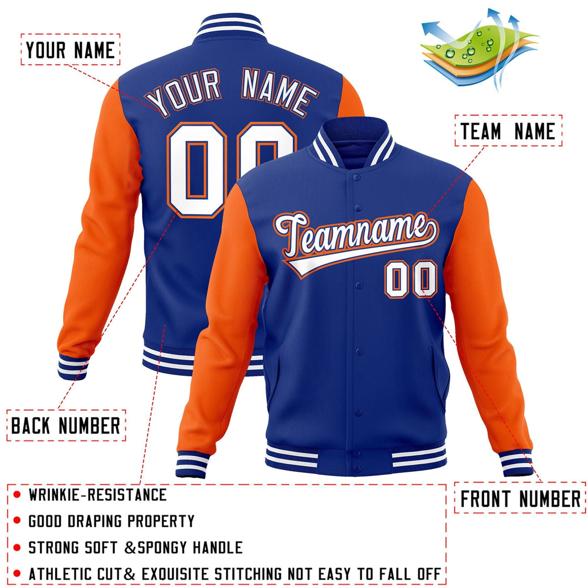 Custom Royal White-Royal Letterman Jacket with Contrast Sleeves Varsity Full-Snap