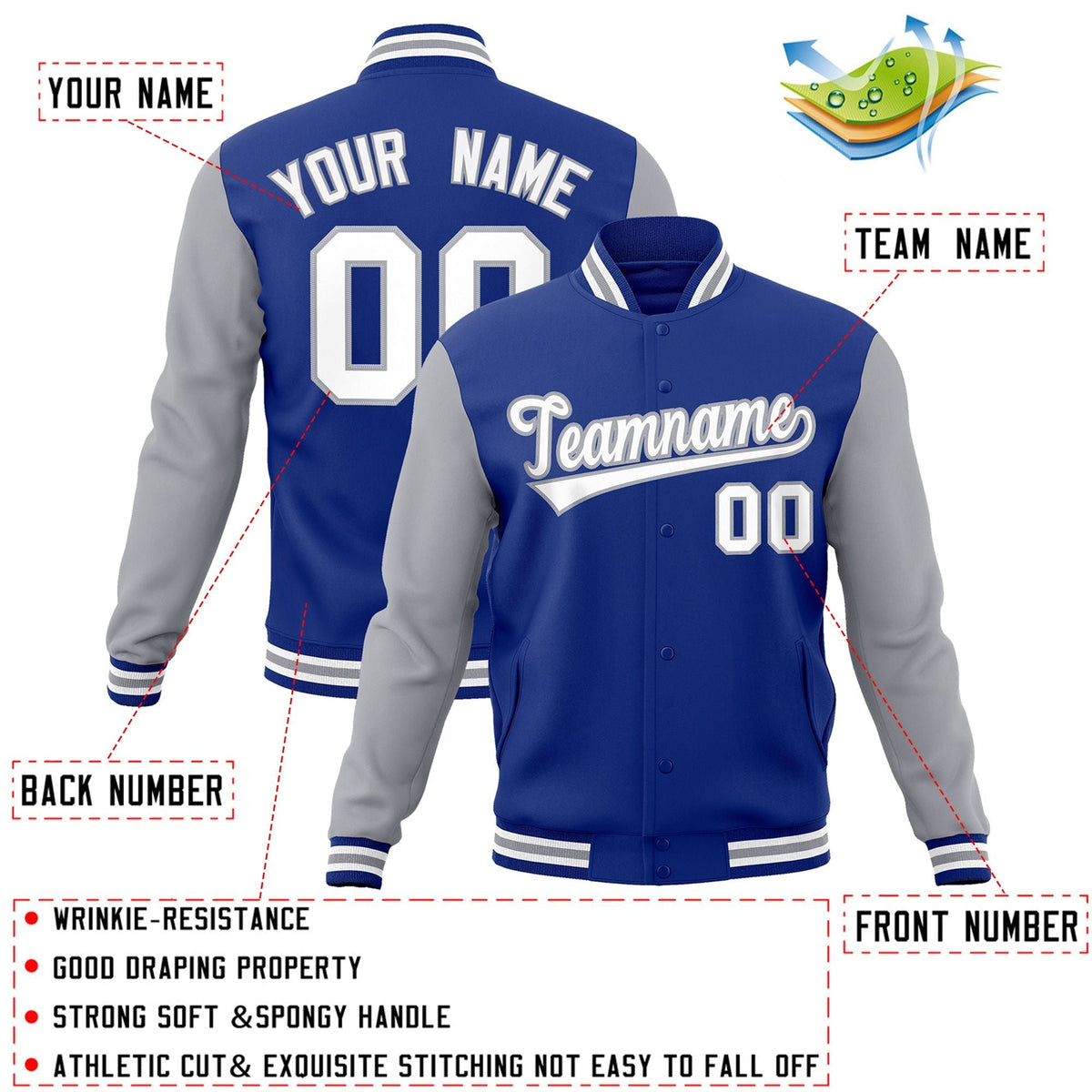 Custom Royal White-Gray Letterman Jacket with Contrast Sleeves Varsity Full-Snap