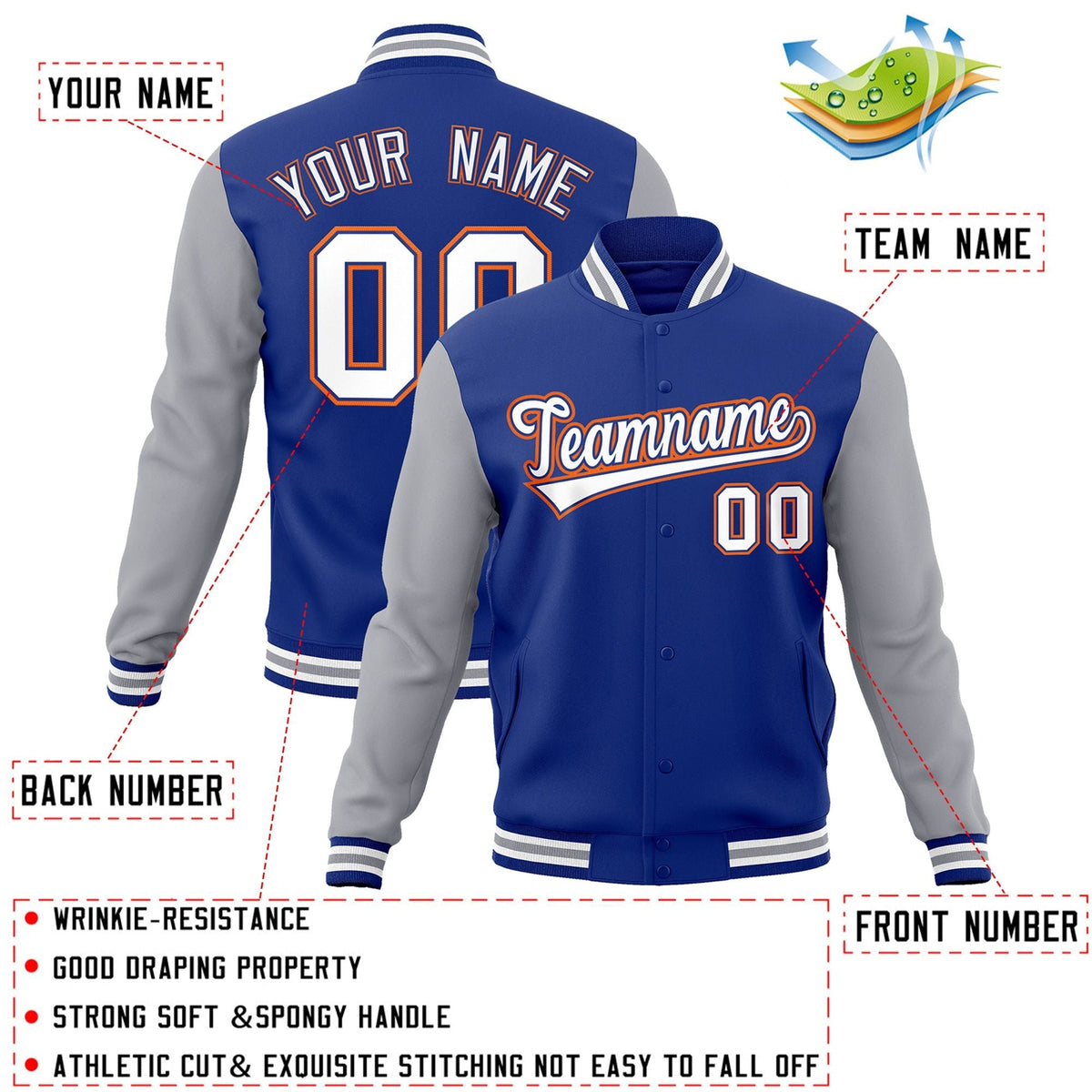 Custom Royal White-Royal Letterman Jacket with Contrast Sleeves Varsity Full-Snap