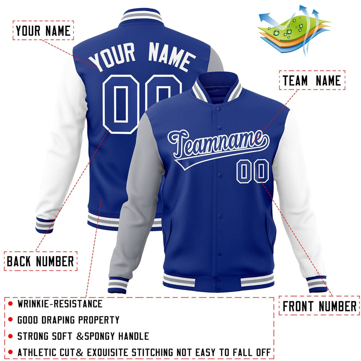 Custom Royal Royal-White Letterman Jacket with Contrast Sleeves Varsity Full-Snap