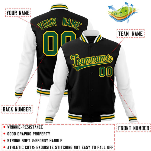 Custom Black Green-Gold Letterman Jacket with Contrast Sleeves Varsity Full-Snap