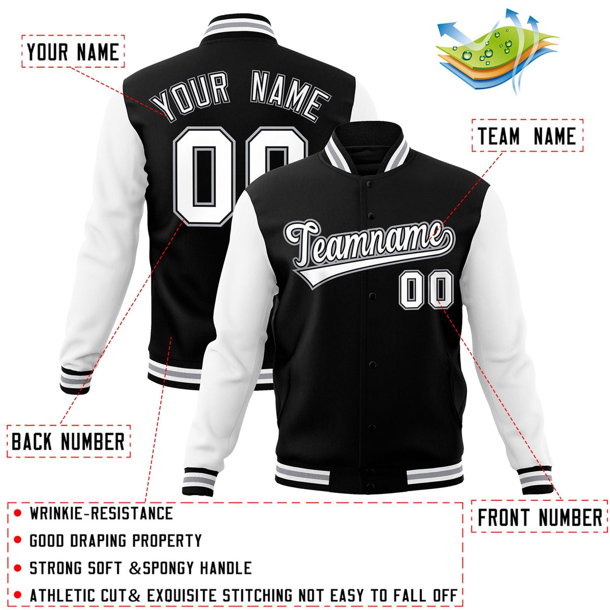Custom Black White-Black Letterman Jacket with Contrast Sleeves Varsity Full-Snap
