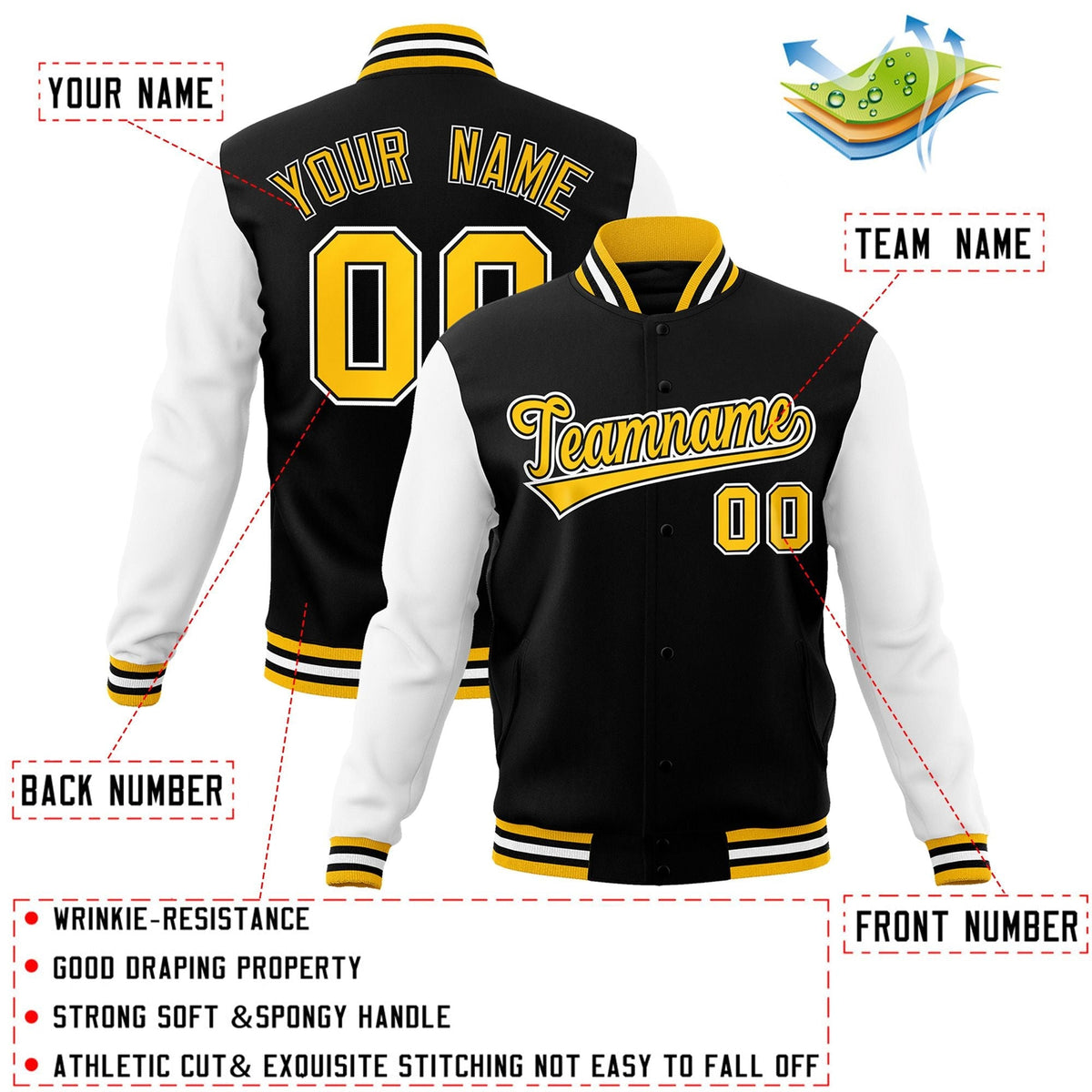 Custom Black Gold-Black Letterman Jacket with Contrast Sleeves Varsity Full-Snap