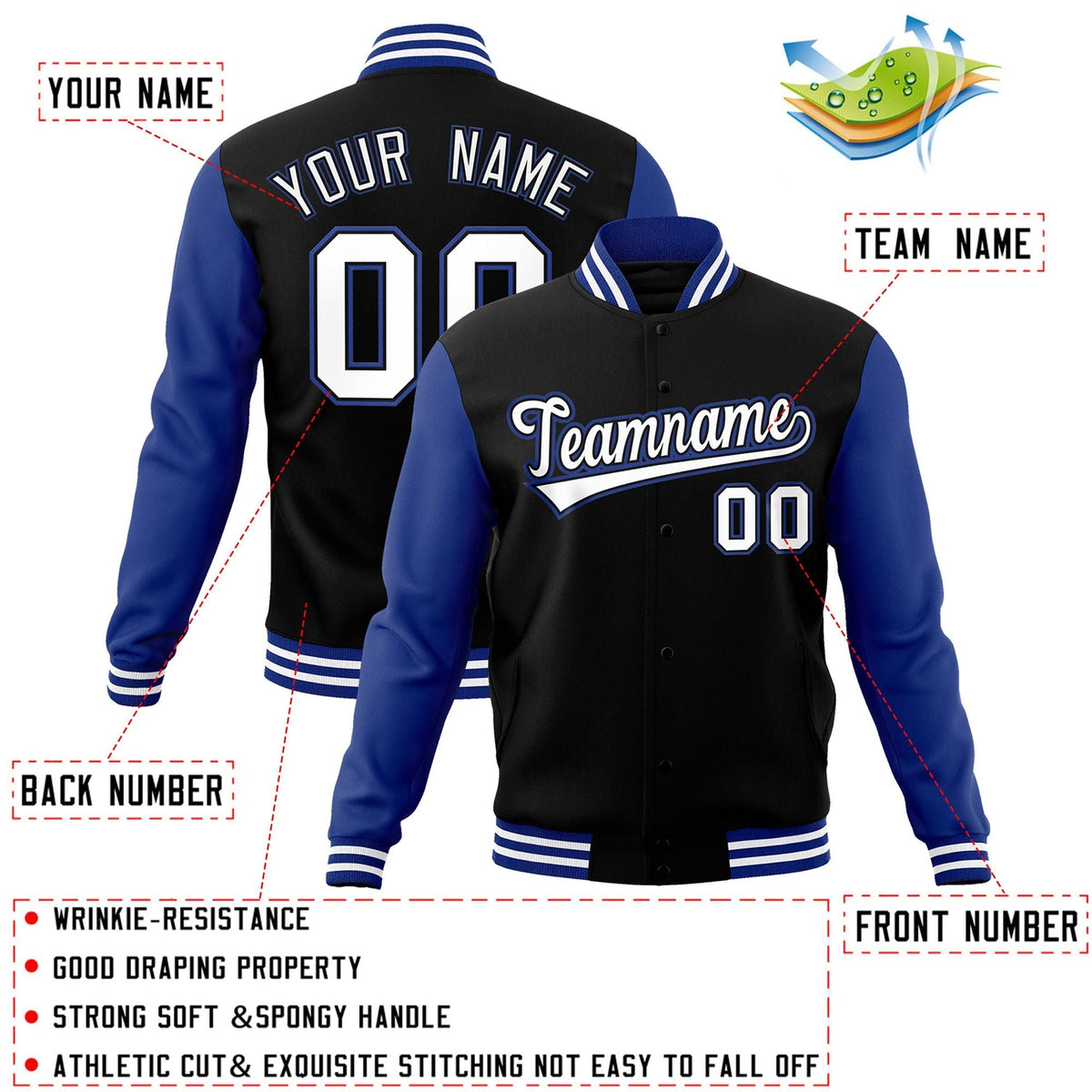Custom Black White-Black Letterman Jacket with Contrast Sleeves Varsity Full-Snap