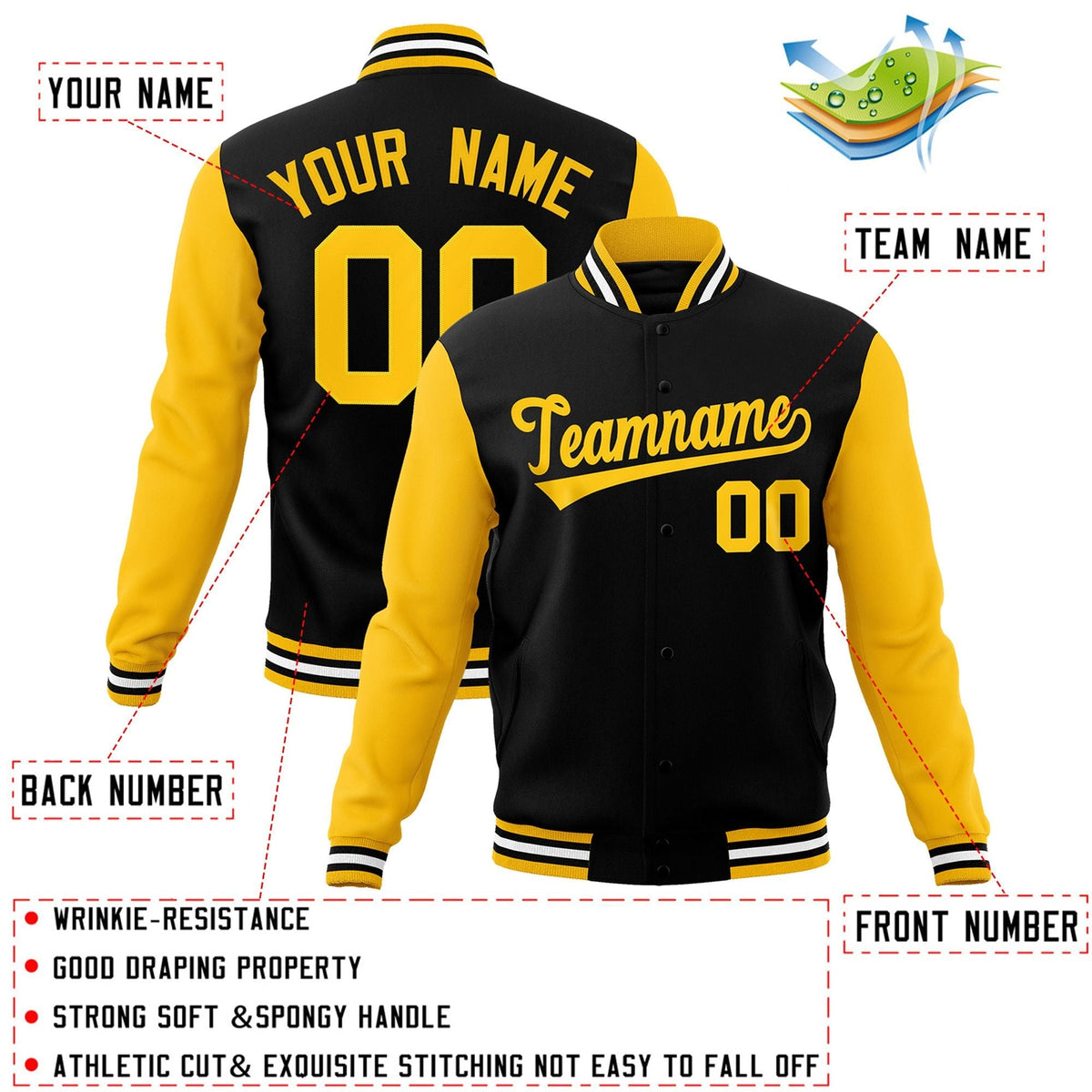 Custom Black Gold Letterman Jacket with Contrast Sleeves Varsity Full-Snap