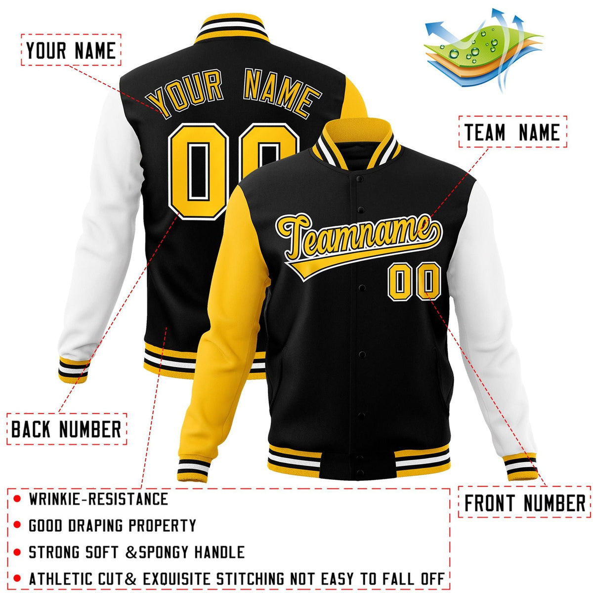 Custom Black Gold-Black Letterman Jacket with Contrast Sleeves Varsity Full-Snap