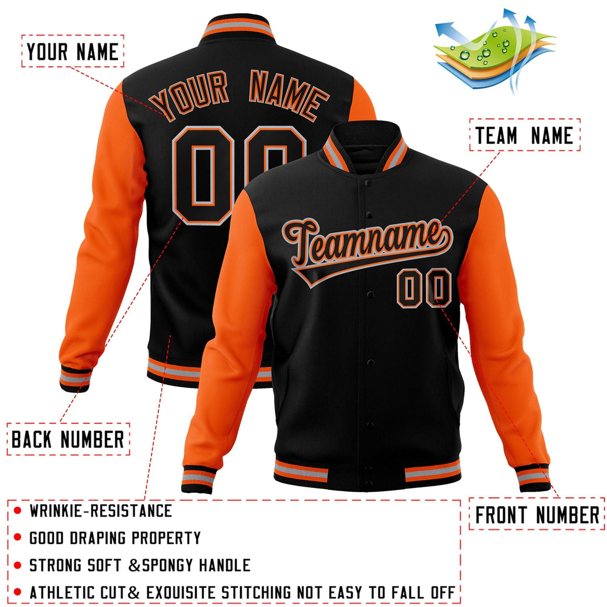 Custom Black Black-Orange Letterman Jacket with Contrast Sleeves Varsity Full-Snap